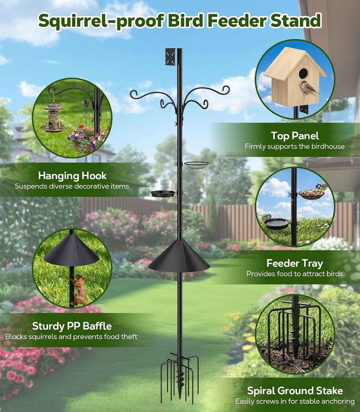 MoKo Bird Feeder Pole, 92 in Bird House Pole Squirrel Baffle 9 Prong Base | Bird Feeding Station Heavy Duty, Includes Water Bowl and Mesh Tray for Feeding, for Gardens No Bird House, Black
