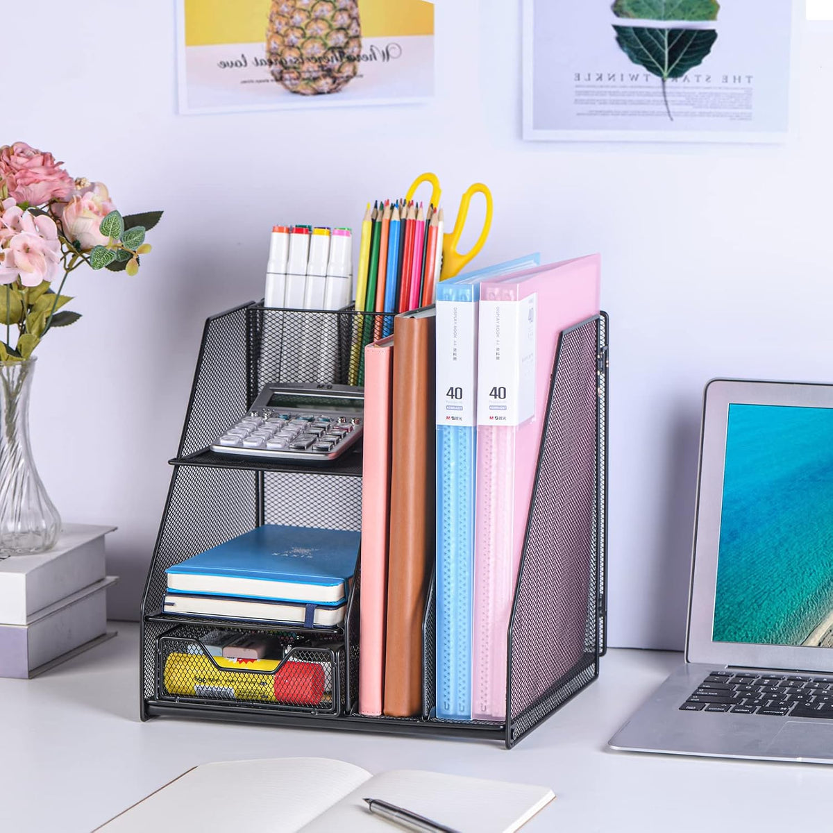 Topwey Desk Organizer, File Organizer for Desk with 2-Tier Paper Letter Tray, Drawer and 2 Pen Holder, Mesh Desktop Organization with Magazine Holder for Office Supplies - Field & Nook