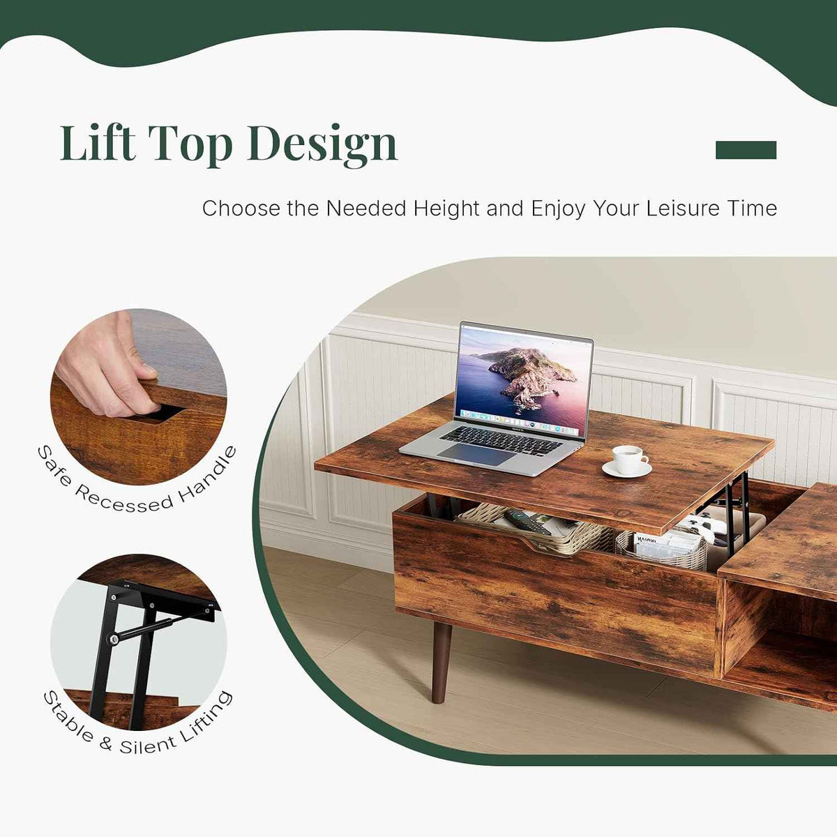 Coffee Table with Hidden Storage, Rustic Brown