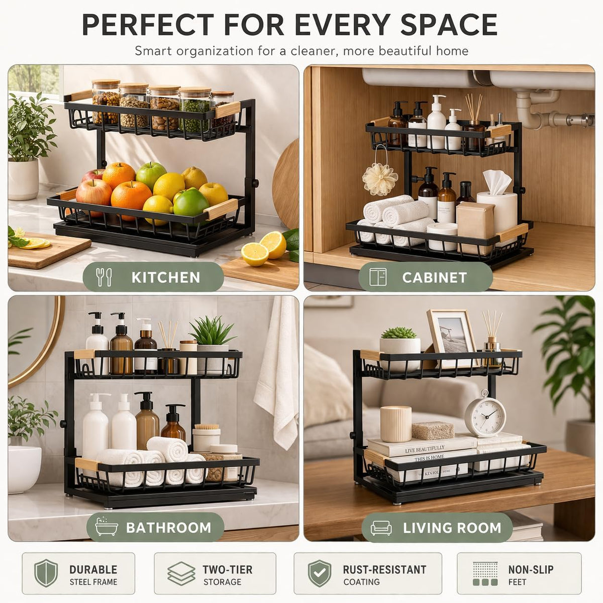 L-Shaped Adjustable 2-Tier Under Sink Organizer – Sliding Metal Storage Shelf for Kitchen & Bathroom Cabinets (Black) - Field & Nook