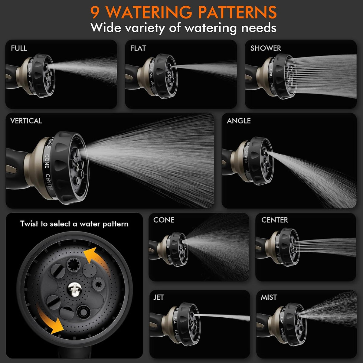 9-Pattern Heavy-Duty Metal Hose Nozzle – Black - Field & Nook