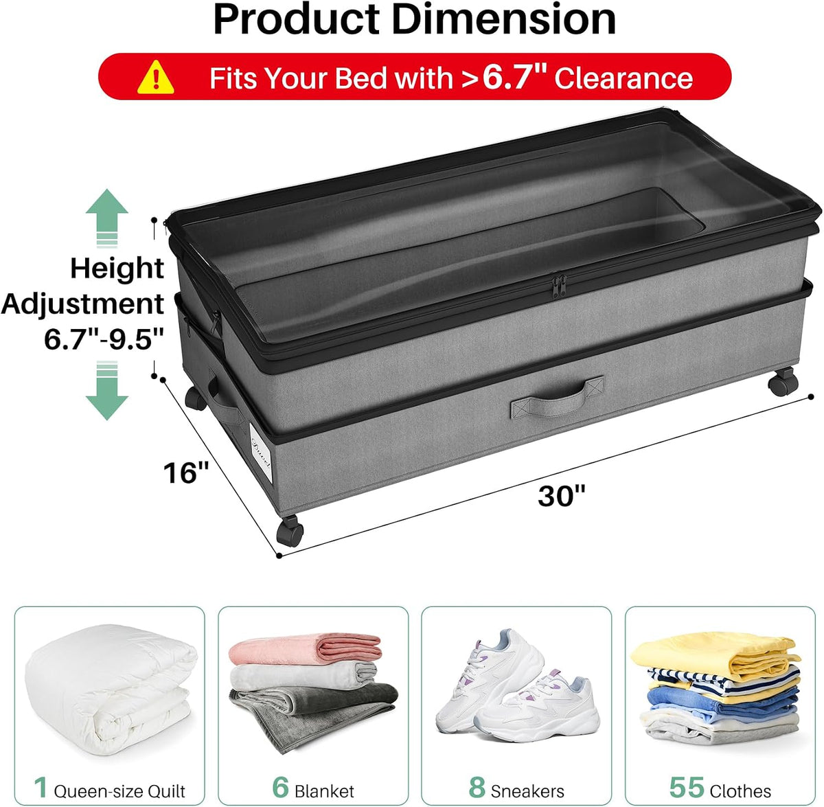 Kitstorack Under Bed Storage with Wheels 2Pack Height-adjustable Under Bed Storage Containers,Under Bed Shoe Storage Organizer with Clear Window&Label, Suitable for Clothes Storage, Gray - Field & Nook