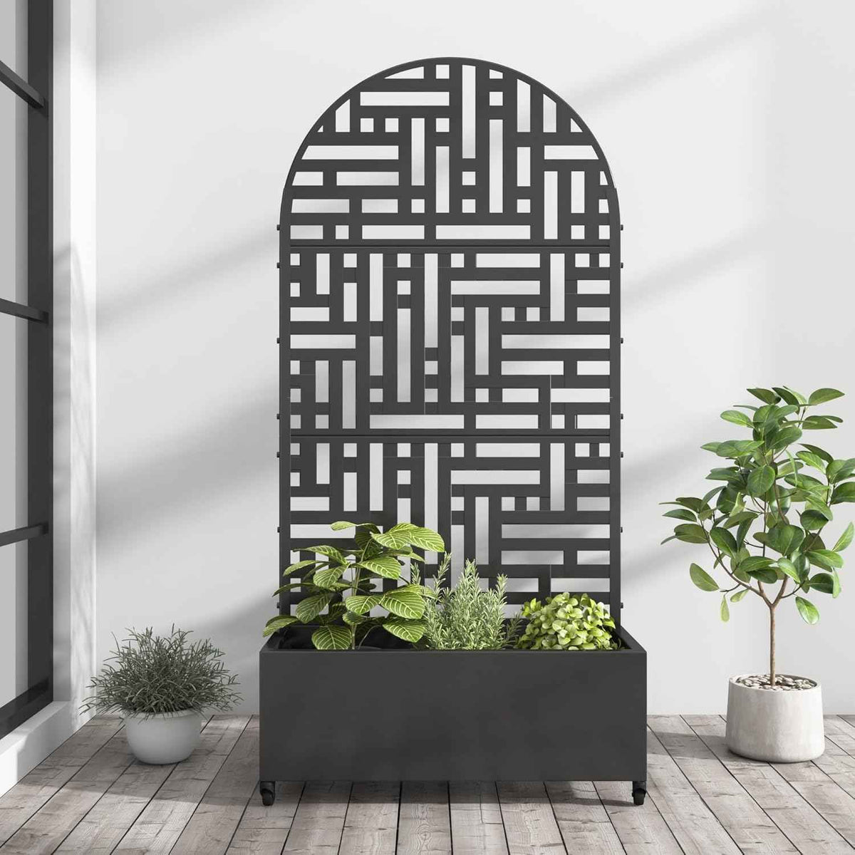 Casaphoria Metal Raised Garden Bed with Trellis and Wheels, 72"x35"x16" Arched Planter Box for Climbing Plants, Vegetables & Vines, Features Drainage Holes and Privacy Screen (Black-Helen)