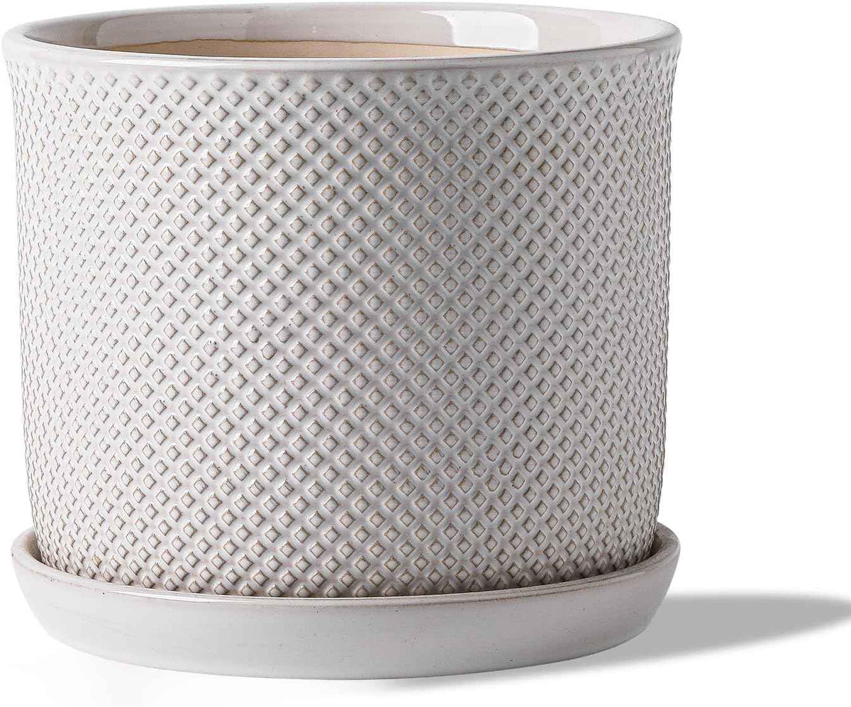 8 Inch Plant Pot: Ceramic Planter with Drainage Hole & Saucer Indoor Outdoor Plants - Flowerpot with Bonded Tray for Home Office - Beaded Embossed Style, Cream White