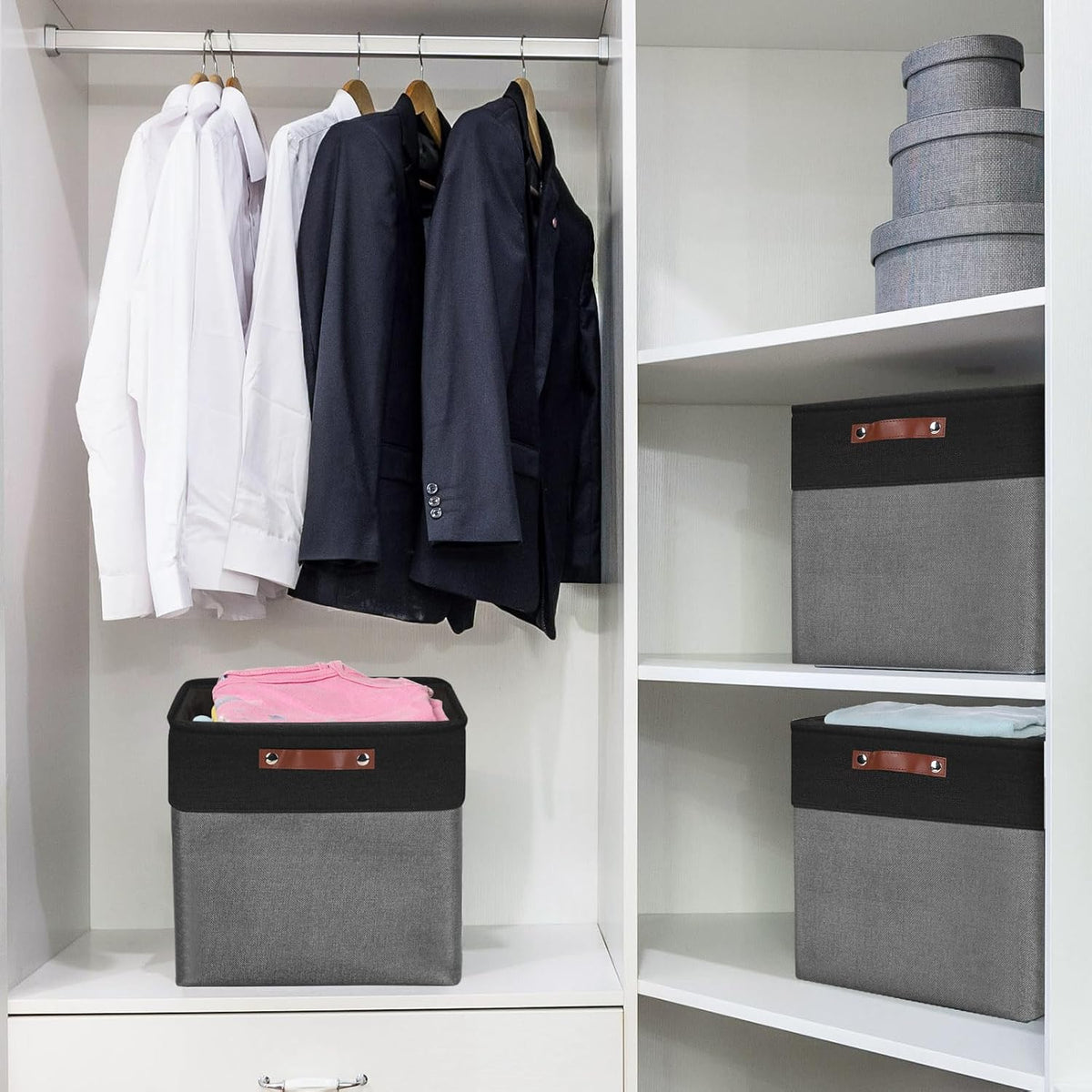 13x13 Cube Storage Bins, Collapsible Fabric Storage Box, 4 Pack Closet Baskets with Handles for Organizing, Shelf, Toys, Clothes, Home, Office, Nursery (Grey&Black) - Field & Nook