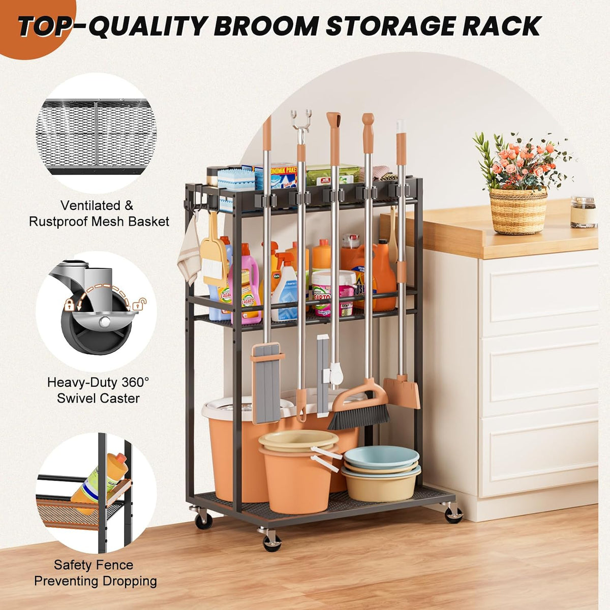 Broom Holder with Cleaning Supplies Organizer, Broom Closet Storage Cabinet with Mop Hanger Gripper Rack Hooks, Cleaning Housekeeping Janitorial Cart with Cleaning Caddy, Laundry Room Organization - Field & Nook