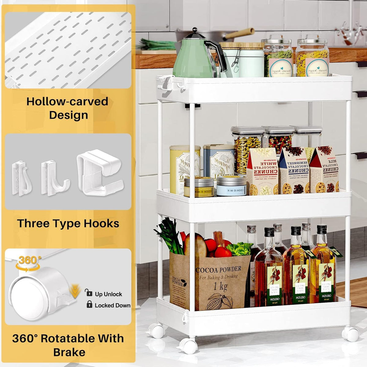 SPACEKEEPER 3 Tier Rolling Cart, Bathroom Cart Organizer with Wheels, White | Mobile Storage Cart for Laundry Room Organization,Kitchen,Office,Bathroom, Utility Cart for Snack,Craft,Art,Makeup,Nail,Toys - Field & Nook