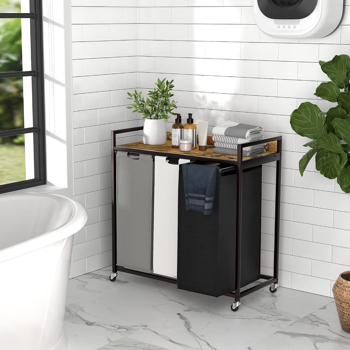 3-Section Rolling Laundry Hamper with Storage Shelf - Field & Nook