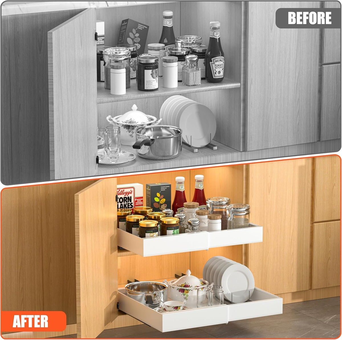4 Pack Expandable Pull Out Cabinet Organizer | fixed by nano adhesive film,heavy duty sliding drawer,suitable for kitchen,pantry cabinet storage - Field & Nook