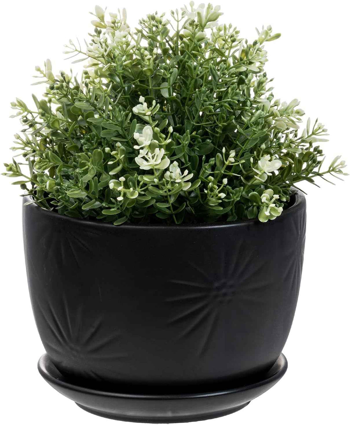 MyGift 7 Inch Round Matte Black Ceramic Plant Pot with Drainage Hole and Attached Saucer, Modern Decorative Embossed Sunburst Planter Container for Indoor Home Garden