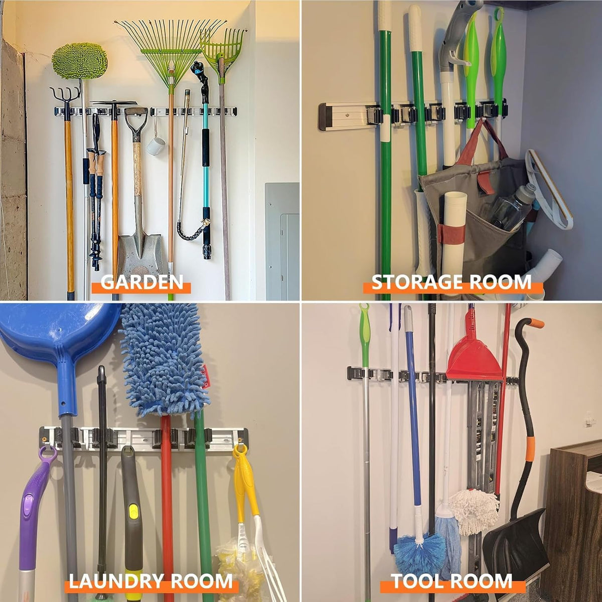 Broom Holder Wall Mount Mop Hanger Tools organizer 4Racks 5Hooks - Field & Nook