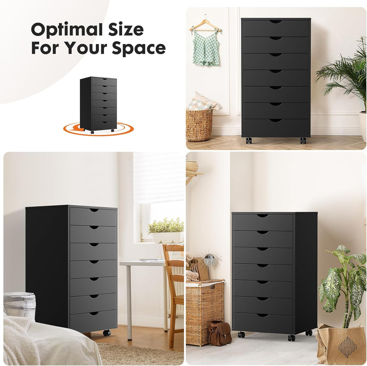 OLIXIS 7 Drawer File Cabinet on Wheels, Printer Stand | Fits Under Desks, Wood Storage Organization Holds Printer, Office Supplies, Not For Hanging Files, For Home Office Use Black - Field & Nook