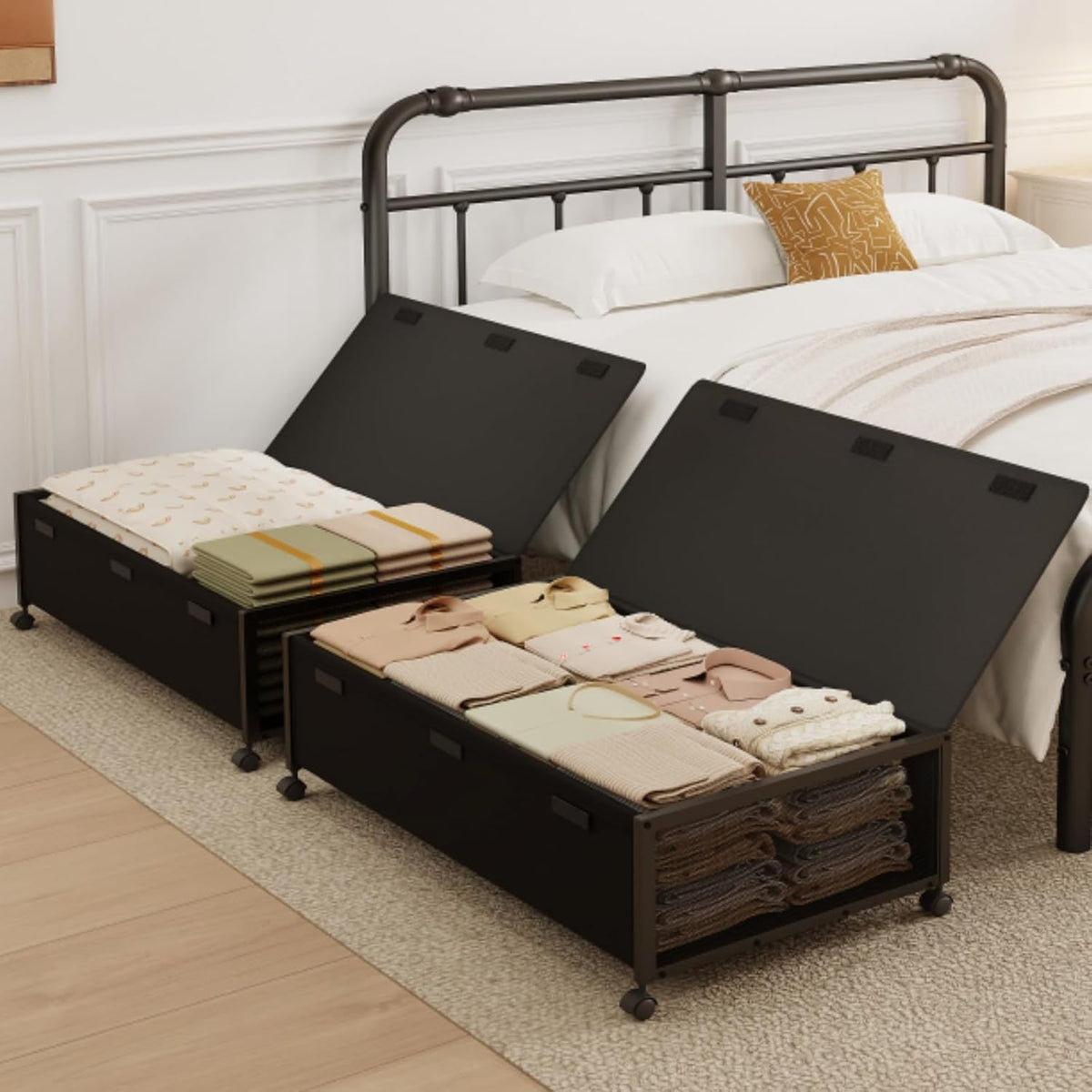 Fokyfok 2Pack Under Bed Storage Containers, 10 inch Height,31 inch Long | Under Bed Shoe Storage,Underbed Storage with Wheels,Large Rolling under bed Clothes Storage Drawers,Lid,Dorm Tall,Black - Field & Nook