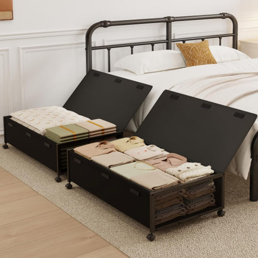 Fokyfok 2Pack Under Bed Storage Containers, 10 inch Height,31 inch Long | Under Bed Shoe Storage,Underbed Storage with Wheels,Large Rolling under bed Clothes Storage Drawers,Lid,Dorm Tall,Black - Field & Nook