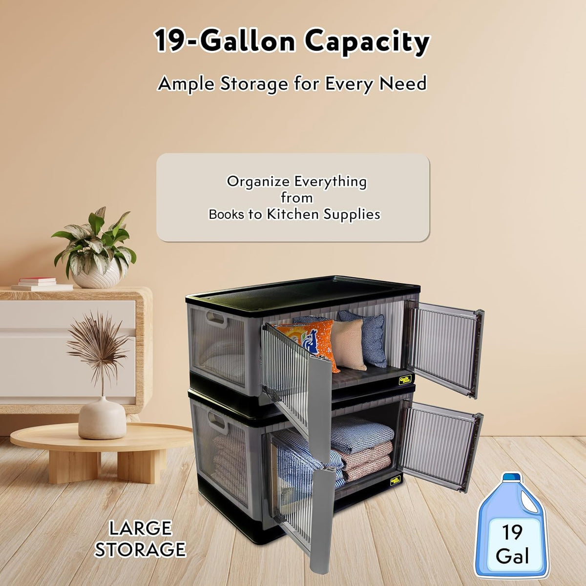 FELICON 19 Gallon 3 Pack Folding Stackable Storage Bins with Lids-Black | Doors,Wheels,Collapsible Organizer Foldable Container,Wardrobe Closet for Bedroom Living Room Neat,Dorm,Organized Homes - Field & Nook