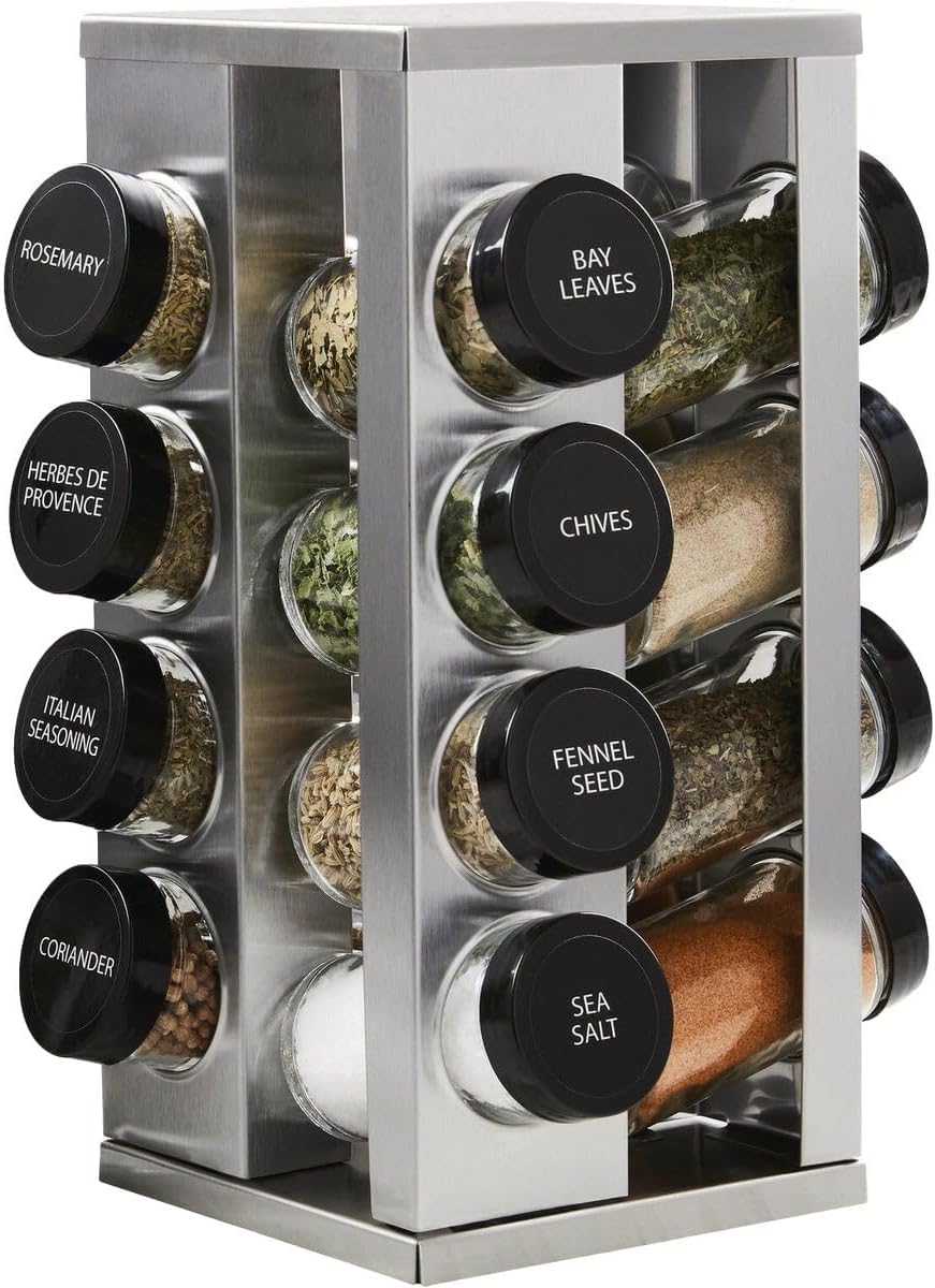 Kamenstein 16 Jar Heritage Revolving Countertop Spice Rack Organizer with Spices Included, FREE Spice Refills for 5 years, Brushed Stainless Steel with Black Caps - Field & Nook