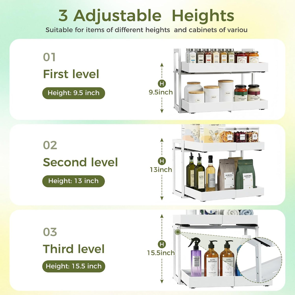 Abalter Expandable Pull Out Cabinet Organizer, 2-Tier Slide Out Drawer for Kitchen Cabinets, Adjustable Width 12–18.5", Slide Out Shelves for Kitchen, Bathroom, Pantry, Heavy Duty Caddy(White) - Field & Nook