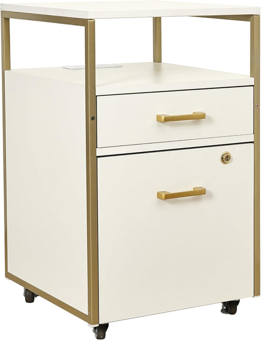 Techni Mobili 2‑Drawer Rolling File Cabinet with Lock, USB & Power Outlet | Modern 2‑drawer rolling file cabinet with lock, USB ports, power outlet, wheels, storage for files, or printer in home office - Field & Nook