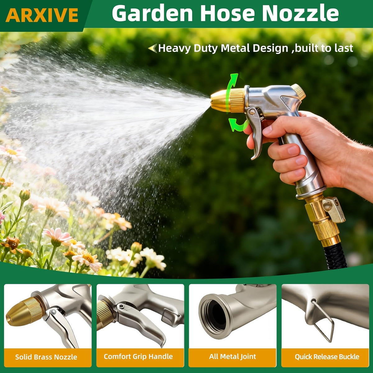 100% Metal 4-Pattern High-Pressure Hose Nozzle - Field & Nook