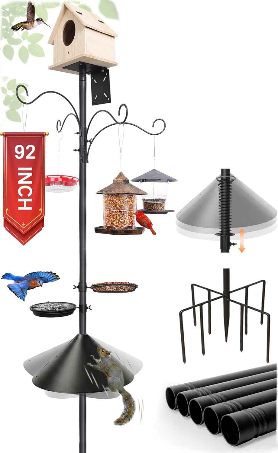 92 Inch Squirrel Proof Bird Feeder Pole with 9 Prongs Base, 1 Inch Dia Bird House Pole, Heavy Duty Bird Feeder Stand, Adjustable Shepherds Hooks for Outdoor with Squirrel Baffle Birdbath Tray