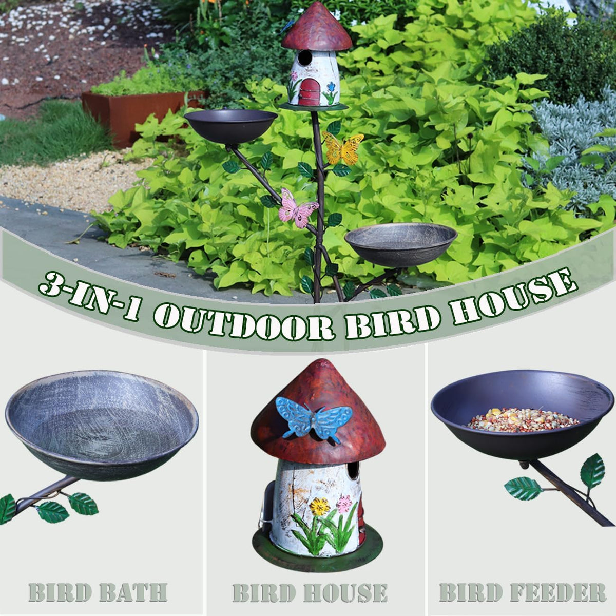 Metal Bird Houses for Outside with Pole, Multi-Bird Baths for Outdoors | Metal Bird House with Bird Feeder and Bird Bath,Outdoor Garden Lawn Decor,Cast Iron Base