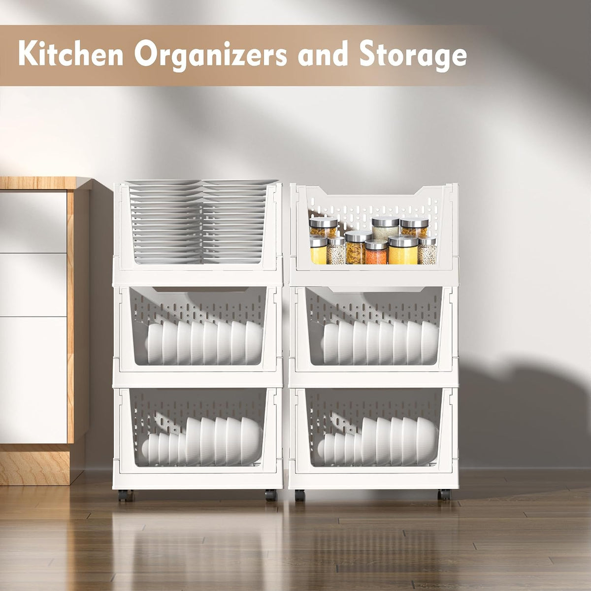 Stackable Plastic Storage Basket, 3 Pack Foldable Closet Organizers and Storage Bins with Wheels, Collapsible Drawer Shelf Storage Box Container for Office Bedroom Closet Wardrobe Kitchen Bathroom - Field & Nook