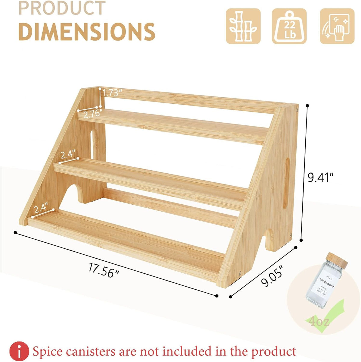 Bamboo Spice Rack Organizer -3-Tier Spice Rack for Countertop,Cabinet Spice Rack Organizer for 24 Spice Jars(4oz)，Step Shelf (yellow) - Field & Nook