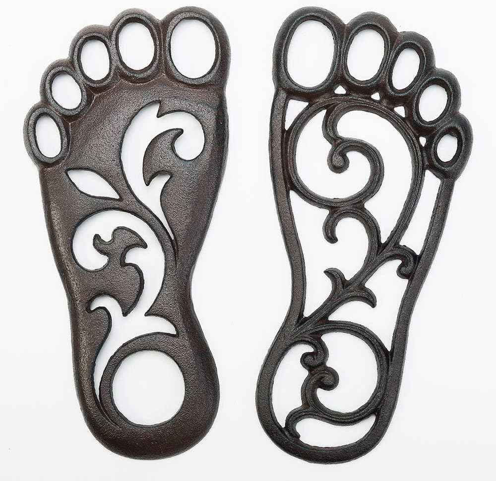 Sungmor Heavy Duty Cast Iron Stepping Mats for Front Door, 2PC 11.8 Inch Long Sturdy Metal Left & Right Footprint Stepping Stone, Retro Elegant Decorative Mat for Garden Lawn Panel Walkway Landscaping