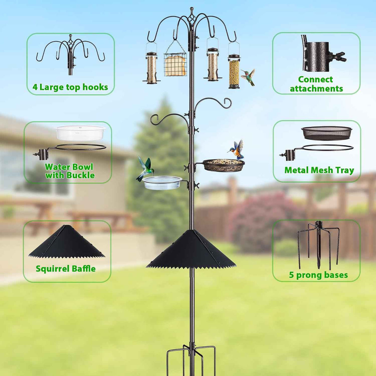 94-Inch Bird Feeding Station Kit, 6-Hook Pole with Squirrel Baffle | Bird Bath Bowl, Mesh Seed Tray, Freestanding 5-Prong Base, Removable Parts, Easy Assembly, for Patio, Lawn and Garden