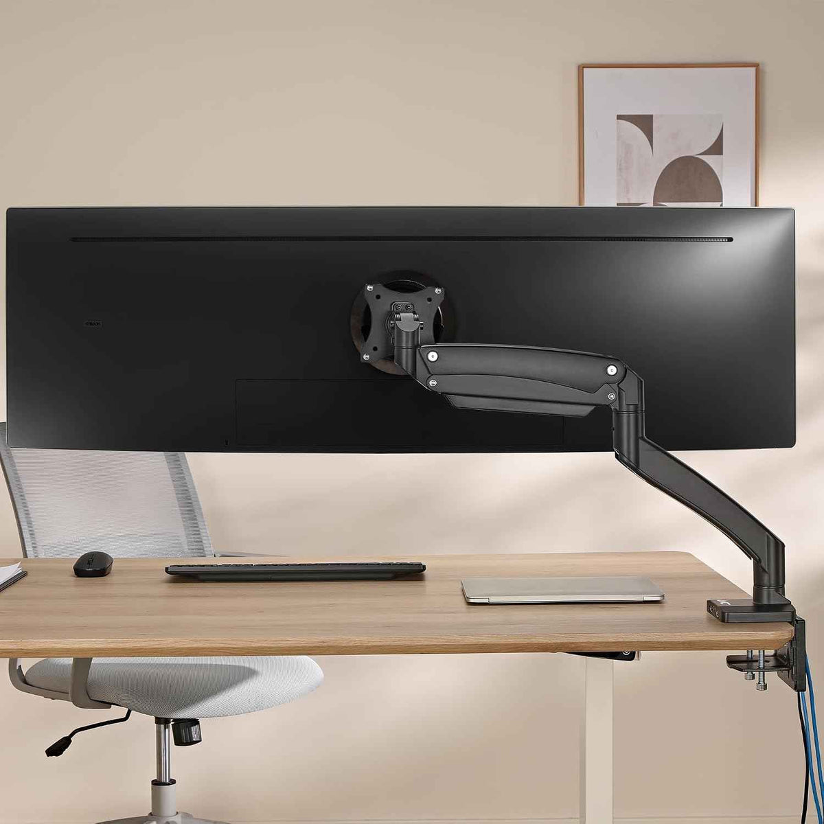 AVLT Single 17"-49" Super Ultrawide Monitor Arm Desk Mount Black | Screens up to 50 lbs Premium Aluminum Stand Adjustable Pneumatic Height Full Motion Swivel Tilt Rotation USB 3.0 & AUX Ports