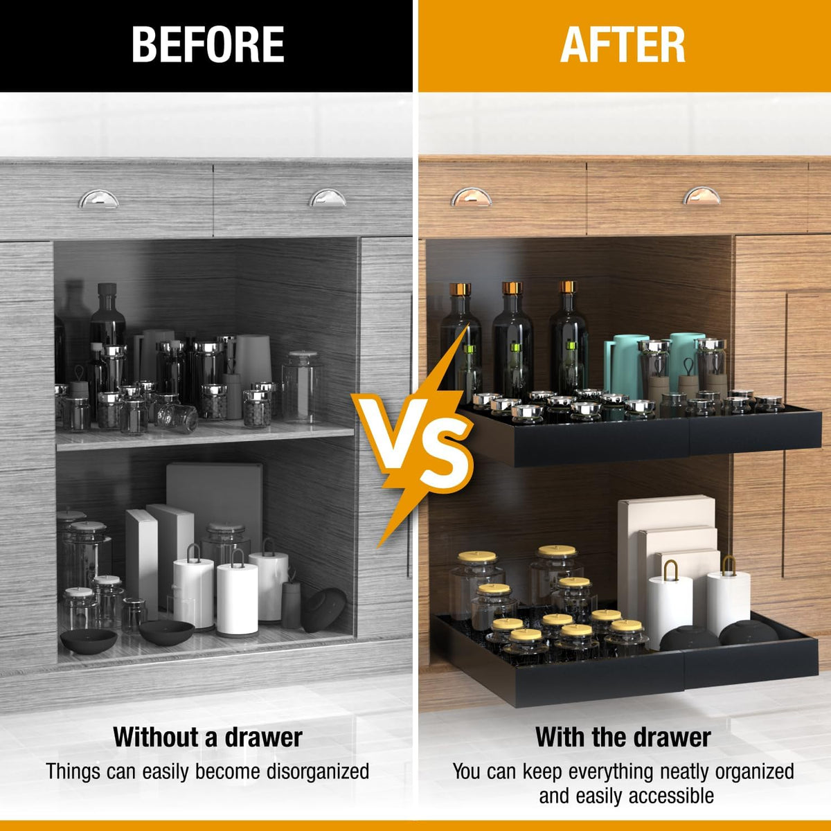 Expandable Pull Out Drawers for Cabinets(Black) : Kitchen and Pantry Organizer, Sliding Cabinet Organizer with Adhesive, Under Sink and Pots Storage, Depth 16.5". expandable pull out cabinet organizer - Field & Nook