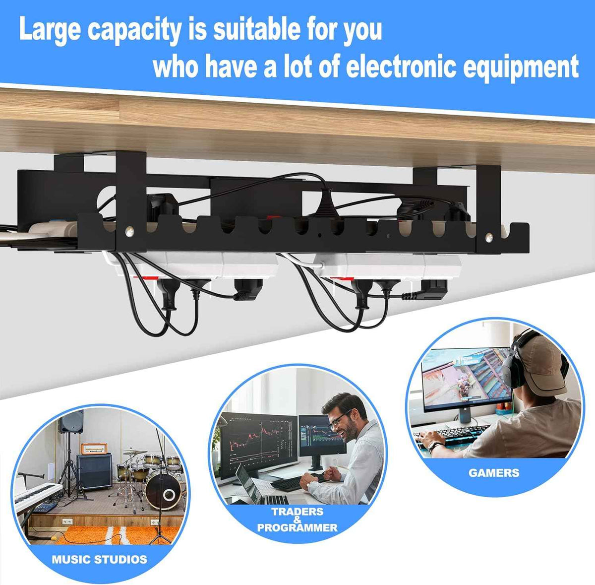 2-Pack Adjustable Under-Desk Cable Trays – Open-Metal Cord and Power-Strip Organizers