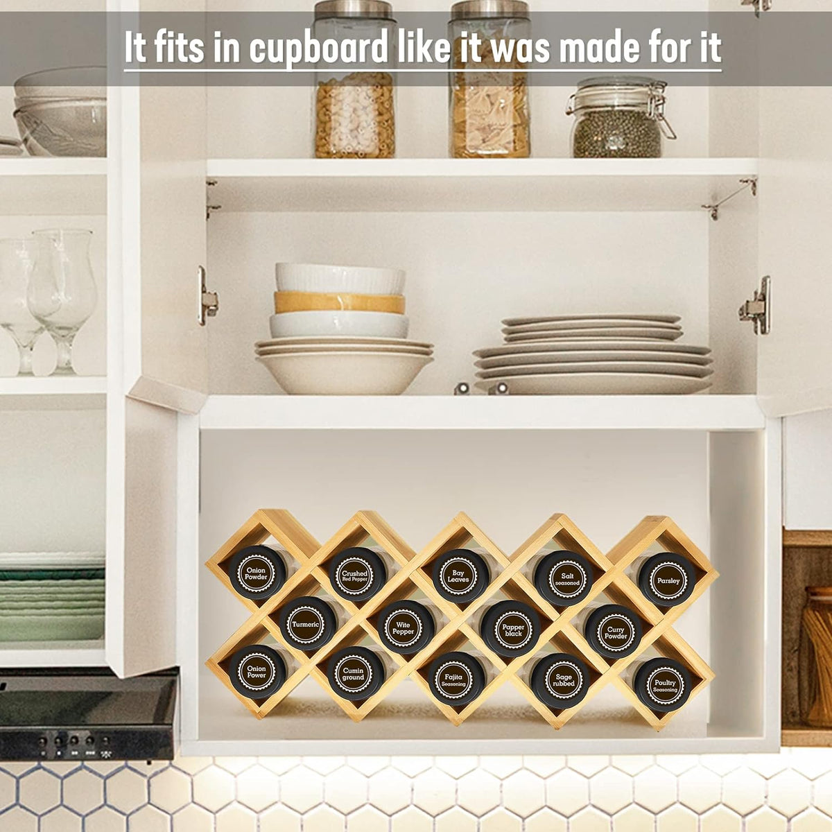 Bamboo Criss Cross Spice Rack Organizer for Cabinet, Wood Seasoning Rack Spice Holder, 18-Jar Spice Rack Tower Spice Storage for Kitchen Countertop Drawer-Jars Not Included - Field & Nook