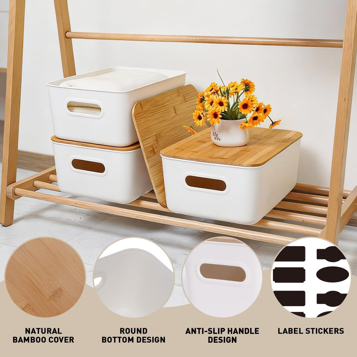 Citylife Storage Bins with Bamboo Lids 16QT Plastic Storage Containers Stackable Organizer Boxes with Handle for Desk Snacks, Toys, 2 PCS, 15" L x 10.6" W x5.8 H - Field & Nook
