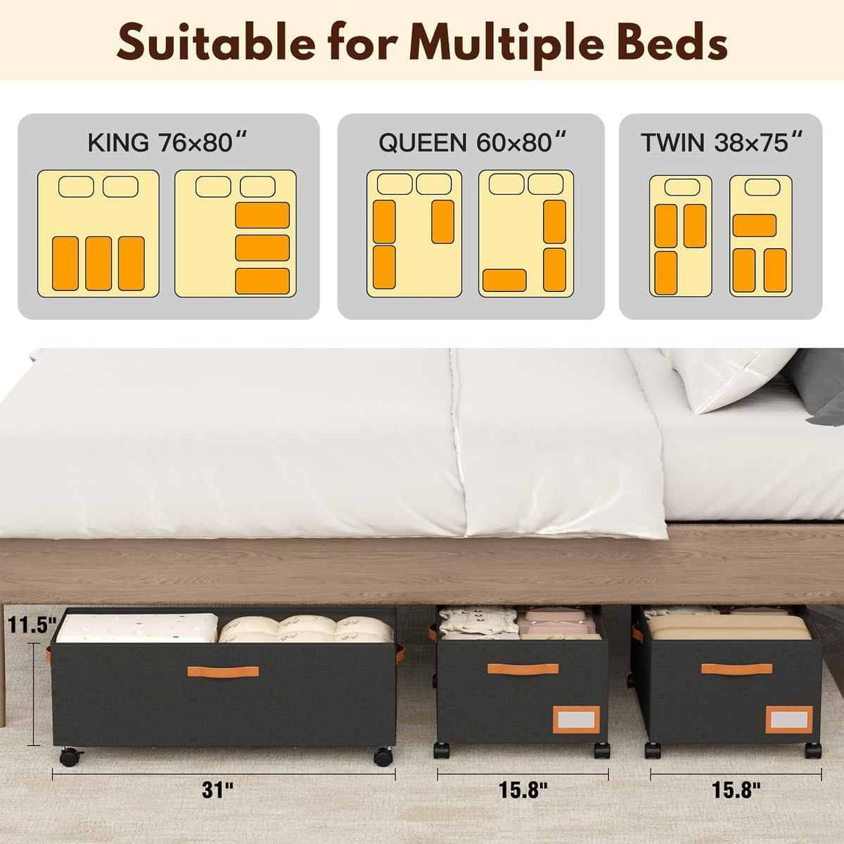 Under Bed Storage with Wheels, 12" Height Under Bed Storage Extra Deep Under Bed Storage Containers, Perfect for 14'' Bed Frame, No Assemble Metal Rolling Underbed Storage for Clothes Shoes Blankets - Field & Nook
