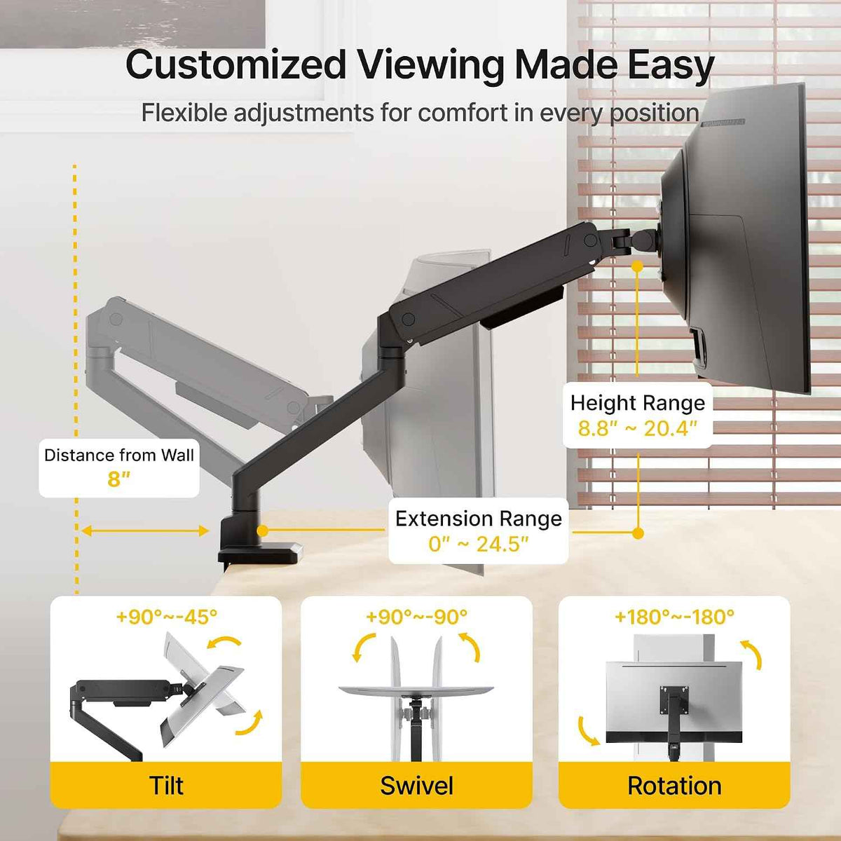 monTEK Single Monitor Arm for Max 45 Inch Ultrawide Screens, Holds 35 Lbs | Adjustable Monitor Desk Mount with C Clamp/Grommet Desk Mount, Cable Management, VESA 75/100mm, Black