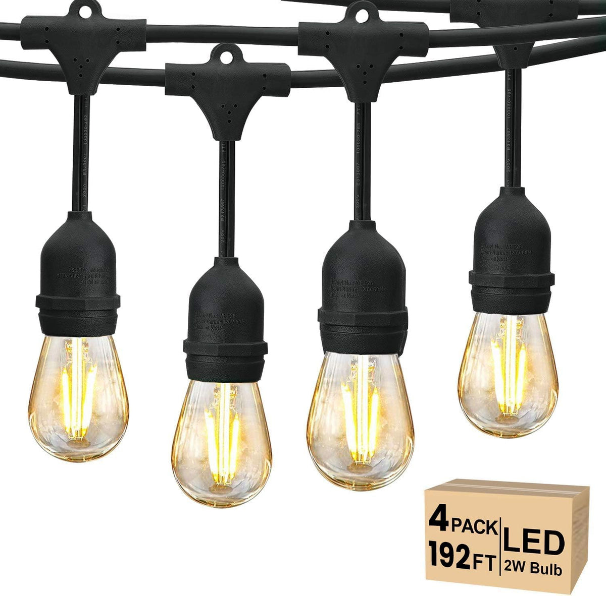 Svater 192 FT Outdoor String Lights 2W, Patio Light for Outside with 64 Antique S14 Plastic LED Bulbs, IP65 Waterproof Hanging Cafe Market Lighting, ETL-Listed Dimmable Warm White (48 FT x 4)