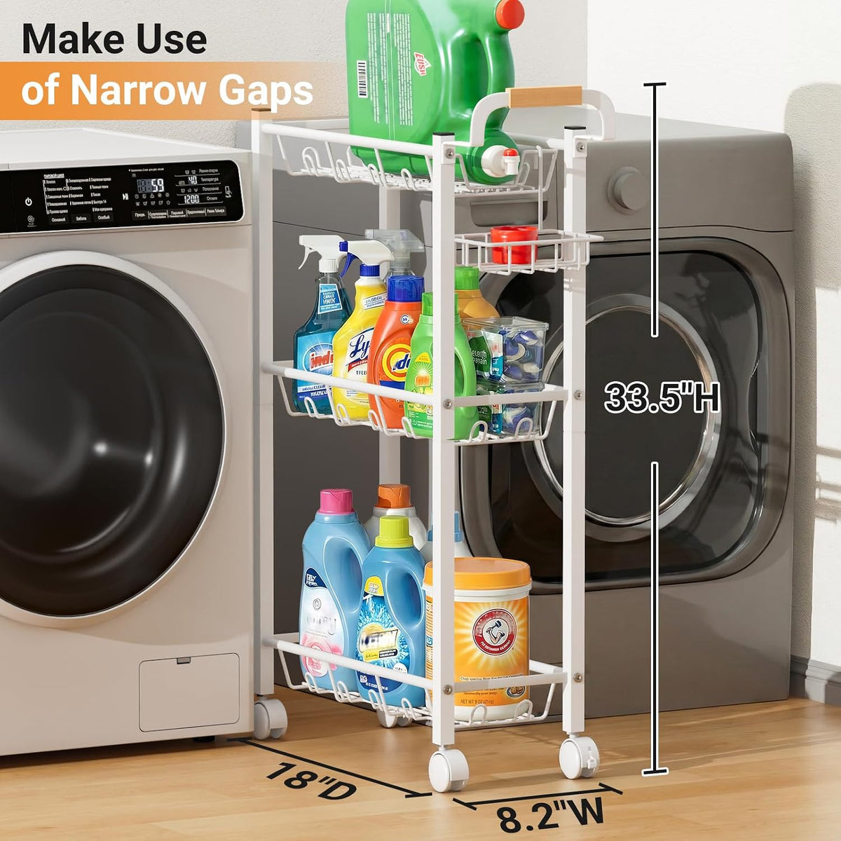 AOODA Laundry Room Cart with Top Detergent Holder, Metal Rolling Storage Cart Between Washer and Dryer, 3 Tier Narrow Laundry Room Organization and Storage with Wheels (White) - Field & Nook