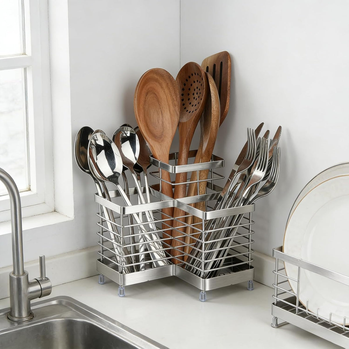 Stainless Steel Utensil Holder, 3 Compartments