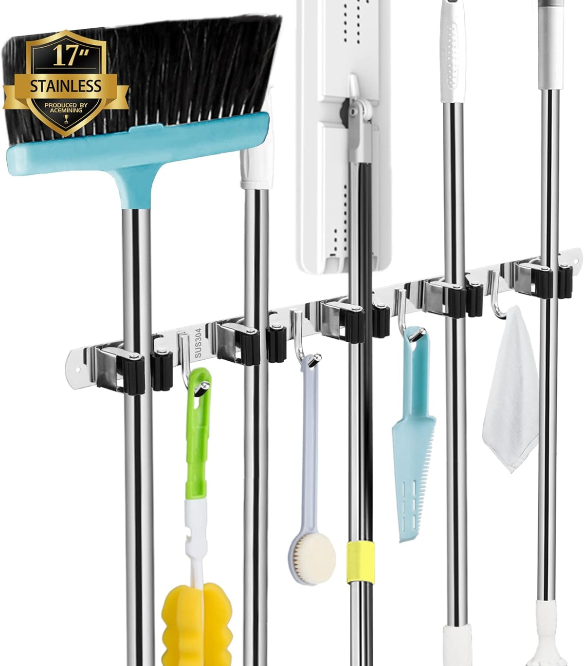 AceMining Broom Holder Wall Mount, 5 Racks 4 Hooks Heavy Duty Mop Organizer | Mop Holder Wall Mount and Broom Hanger for Garage, Laundry Room, Kitchen and Utility Storage - Field & Nook
