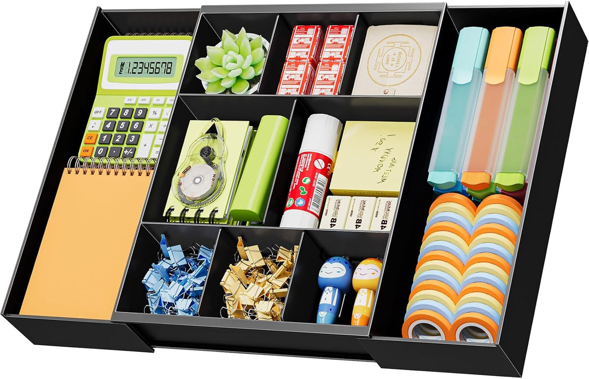 Marbrasse Expandable Desk Drawer Organizer, Clear Plastic Drawer Organizer Tray with 10 Adjustable Compartments, Desk Organizers and Accessories, 5 Drawer Dividers for Office Supplies, Makeup(Black) - Field & Nook