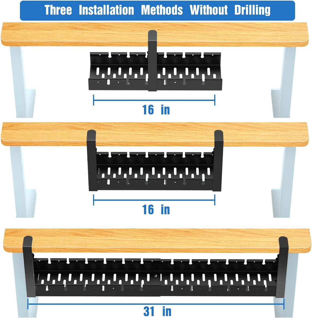 31-Inch Extendable Under-Desk Cable Tray – No-Drill Clamp-On Metal Cord Organizer, Black