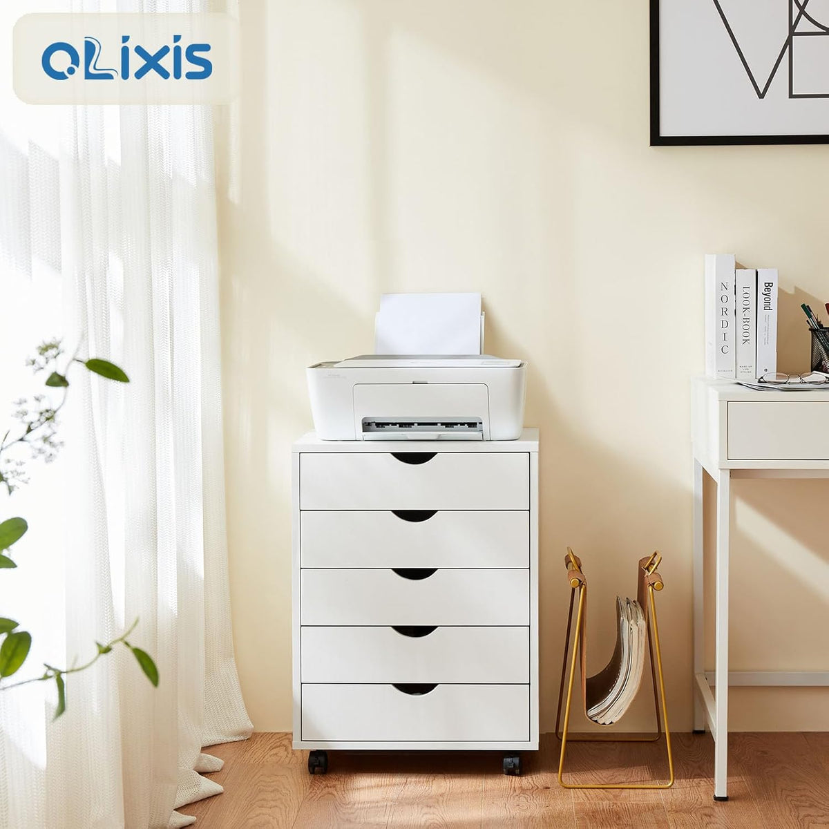 OLIXIS 5 Drawer File Cabinet on Wheels, Printer Stand | Fits Under Desks, Wood Storage Organization Holds Printer, Office Supplies, Not For Hanging Files, For Home Office Use White - Field & Nook