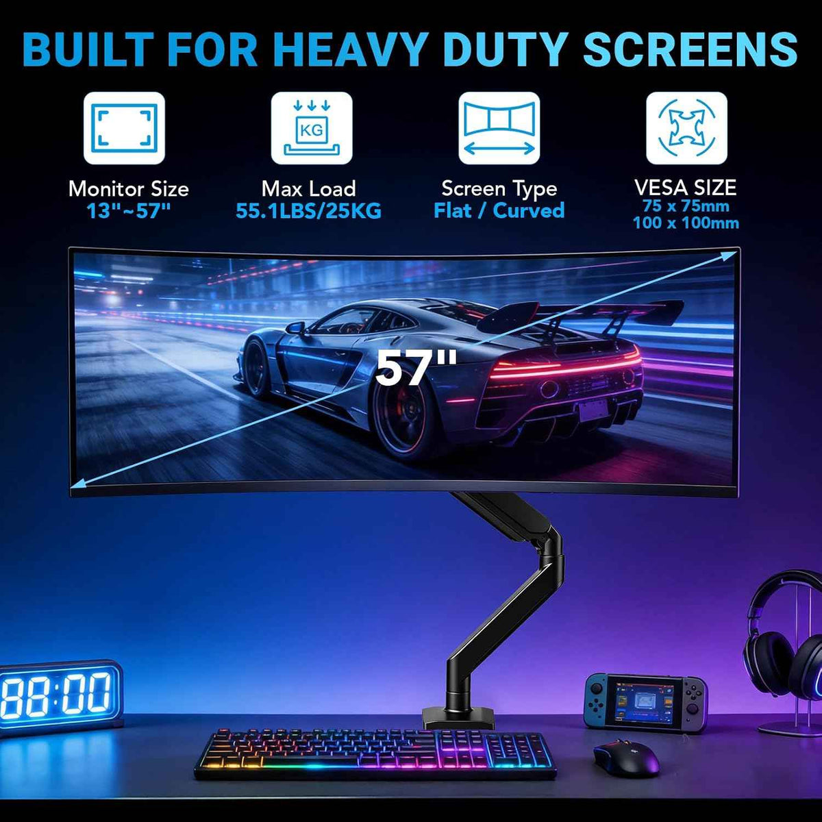 Heavy Ergonomic Single Monitor Arm Desk Mount for up to 57"Screens | for 13 27 32 34 39 40 42 49 57Inch ultrawide monitor, Holds 55 lbs, 2-Step Fast Setup, 75/100mmVesa, Black, Home & Office Use