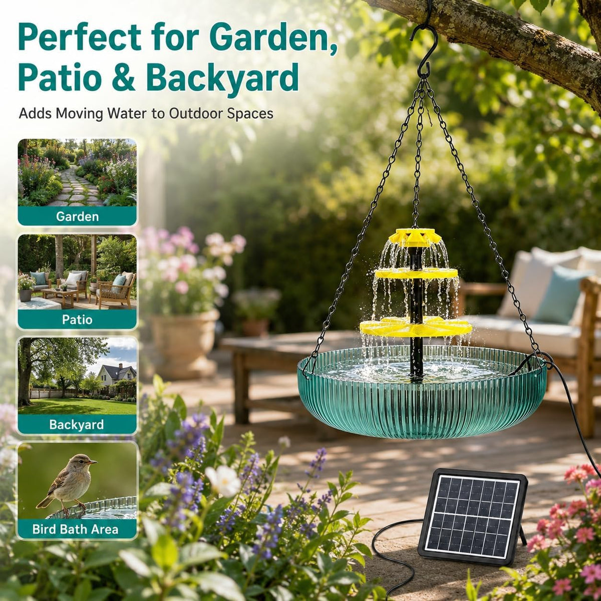 Solar Hanging Bird Bath Fountain with 3-Tier Cascading Waterfall, Outdoor Garden Water Feature with 16.4FT Cord, Bird Feeder & Relaxing Patio Decor for Hummingbirds and Wild Birds