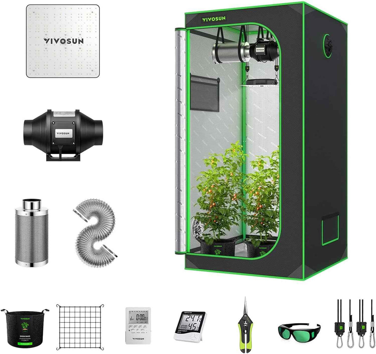 VIVOSUN 2.7 x 2.7 ft. Growing Tent Kit Complete, 32" x 32" x 63" Grow Tent Complete System with VS1000 Led Grow Light 4 Inch 190CFM Inline Fan Carbon Filter and 8 ft. Ducting Combo