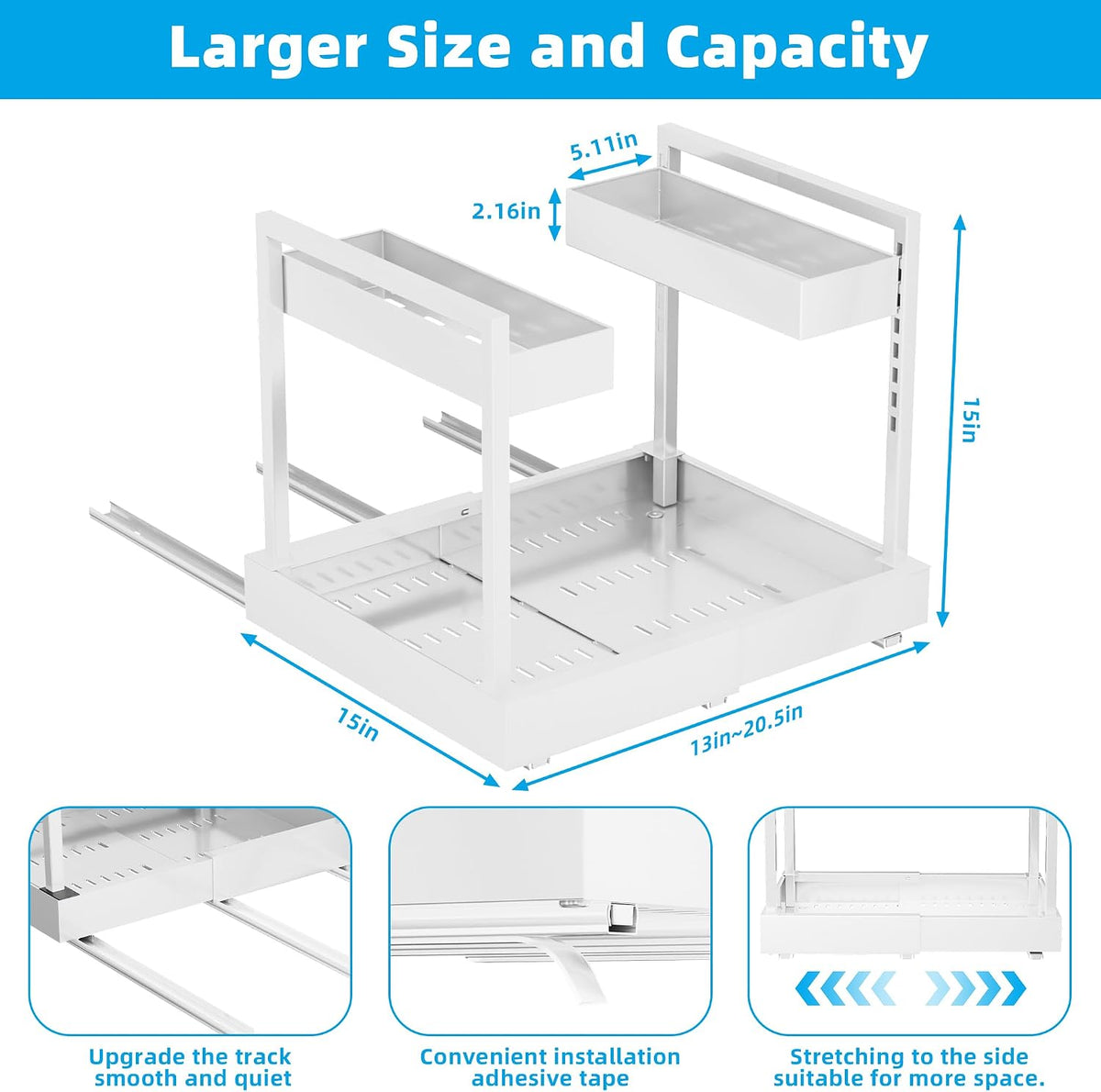NEWMATIC Adjustable Under Sink Organizer Pull Out Drawers, 2-Tier Slide Out Cabinet Storage Shelf for Kitchen Sink, Height & Width Extendable White, 15''D x 13''-20.5''W x 15''H(1Pack) - Field & Nook