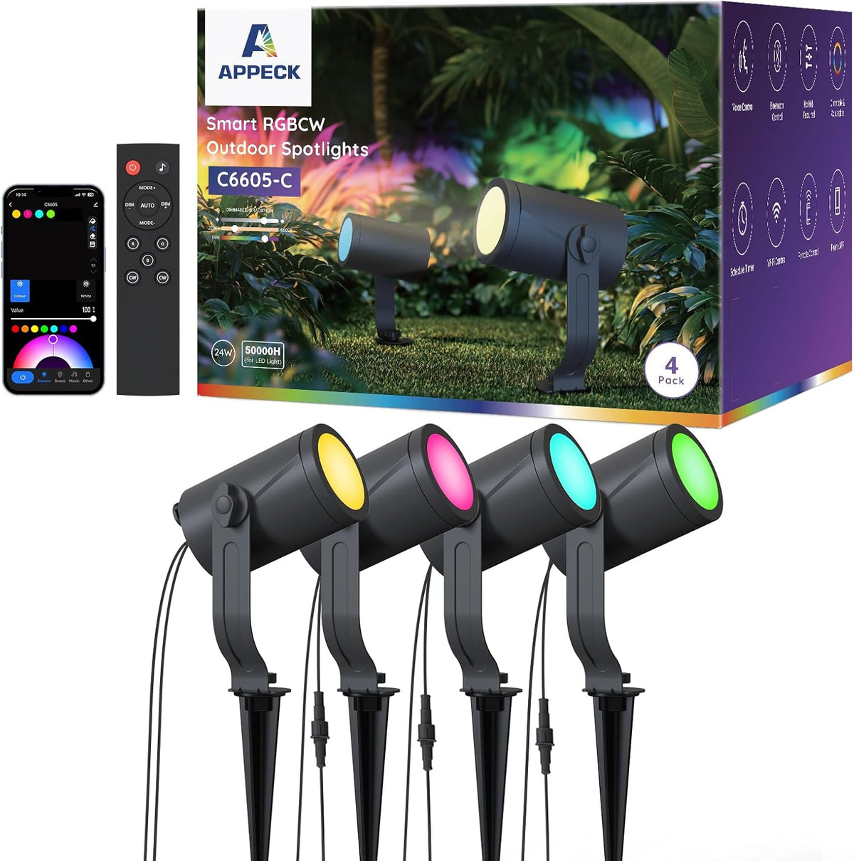 Smart Outdoor Spot Lights 24W, RGBCW Color Changing Landscape Lights 4 Pack, IP65 Waterproof Low Voltage Landscape Lighting, App/Voice/Remote Control, for Garden Yard Pathway Holiday Decor