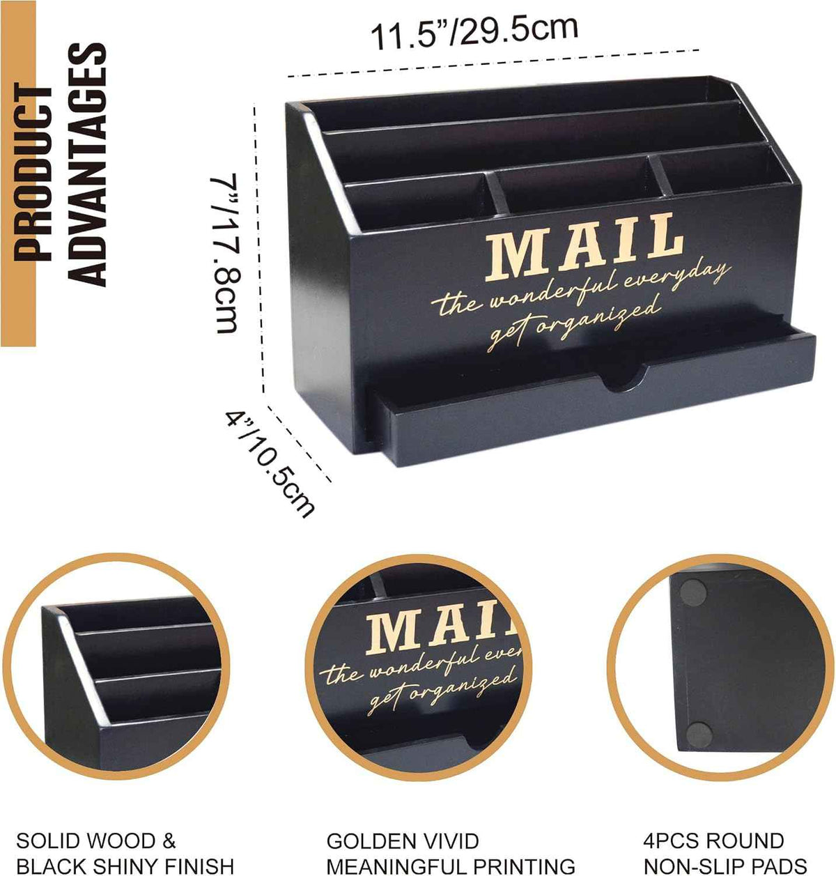 EXQUIDECA Wooden Black Rustic Countertop Mail Storage Holder with Drawer and Compartments - Office Desk Accessories and Workspace Organizers - Desktop Sorter for Pen Stationery Letter Files Documents