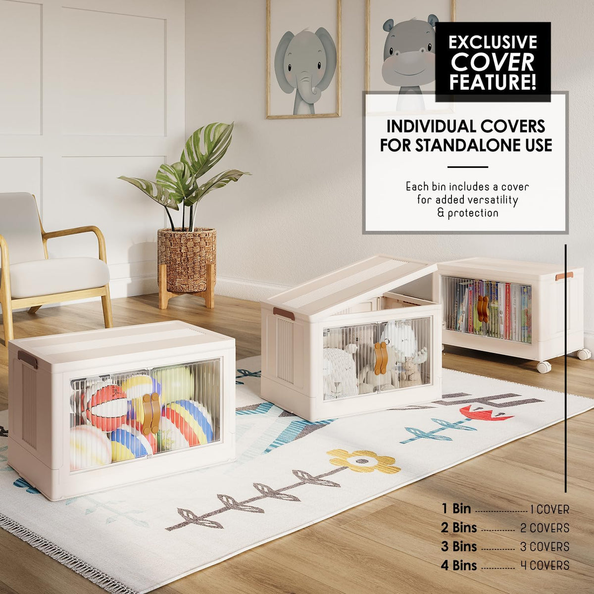 1 Tier Plastic Stackable Storage Bins Open Front with Lids & 360° Wheels 35 QT - Collapsible Storage Bins Home Office Closet Storage Organization, Foldable Clothes Storage Cabinet, 8.8 GAL - Field & Nook